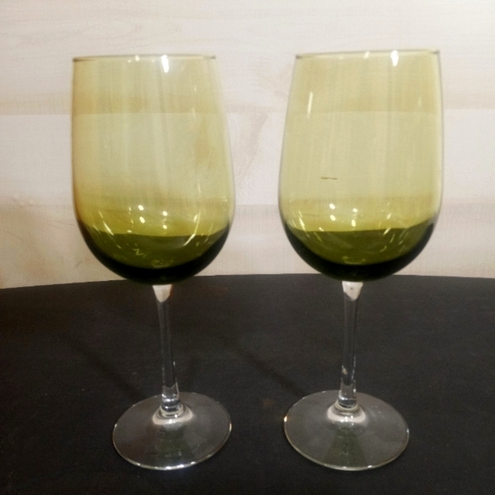 LIBBEY Olive Green Tall Stemmed Wine Glasses Set of Two